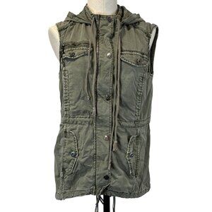 Marrakech Womens Small Olive Green Distressed Hooded Utility Vest Zip Snap Front